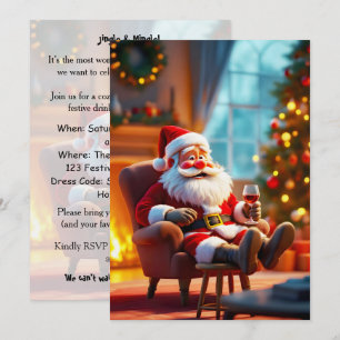 Invitation Père Noël drôle se relaxant avec du vin rouge