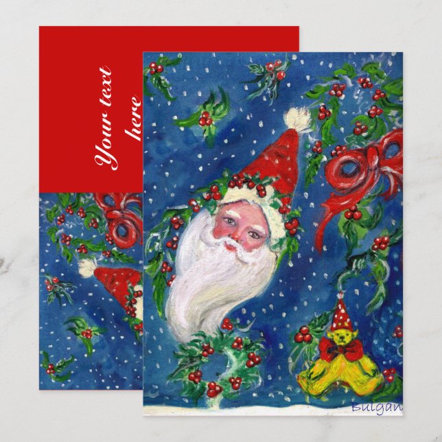 Invitation PÈRE NOËL, HOLLYBERRY CROWNS, FÊTE DE NOËL Bleu ro (Devant / Derrière)