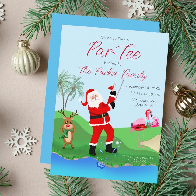 Invitation Père Noël jouant hors de l'eau avec une fête au Ma (Swing into festive fun with our 'Par-Tee This Christmas!' invitation!)