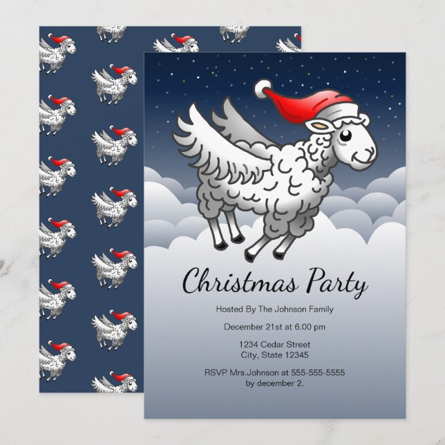Invitation Père Noël mouton de Noël volant (Devant / Derrière)
