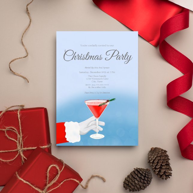 Invitation Père Noël offrant un Martini à une fête de Noël (Sip into the spirit! Unleash the festivities with our Christmas Martini Glass invite and download.)