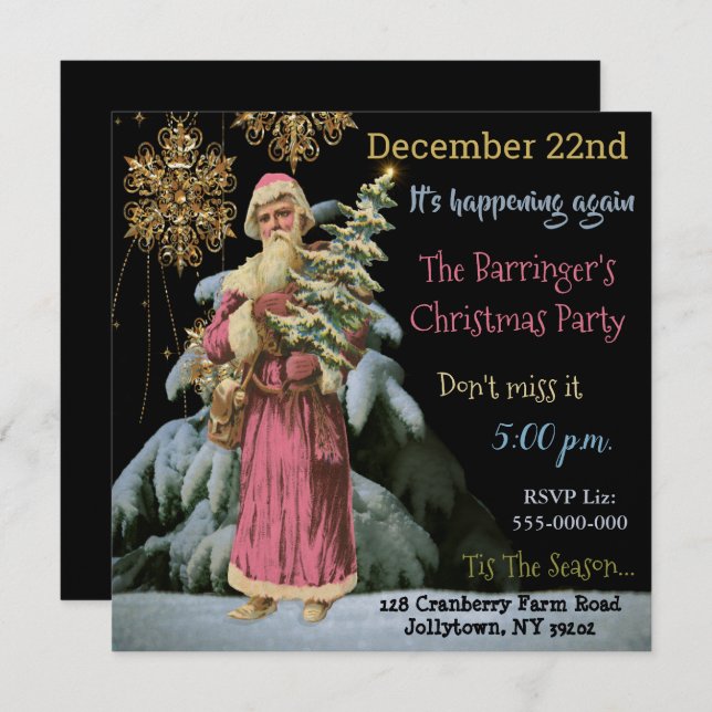 Invitation Père Noël rose du passé de Noël (Devant / Derrière)
