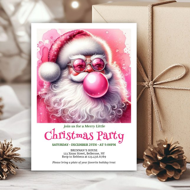 Invitation Père Noël Rose Numérique Bubble Gum Noël Drôle  (Digital Pink Santa Bubble Gum Funny Christmas Invite

)
