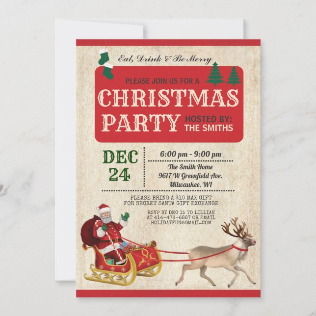 Invitation Père Noël Traîneau Fête de Noël (Devant)