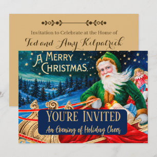 Invitation Père Noël vert vintage traîneau nuit étoilée Noël