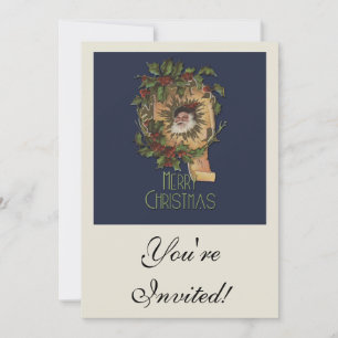 Invitation Père Noël Vintage Antique Houx Noël