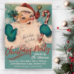 Invitation Père Noël vintage avec fête de Noël Sucre de canne<br><div class="desc">Cette invitation à la fête de Noël vintage du milieu du siècle présente le joyeux Père Noël avec des mitaines rouge casquette et bleu-vert tenant un sucre de canne et saluant avec des "voeux de vacances".</div>