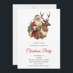 Invitation Père Noël vintage chevauchant un renne<br><div class="desc">Invitation à la fête de Noël avec une illustration de Noël amusante. Le Père Noël dans son costume rouge traditionnel chevauchant un grand renne en berger décoré de saint. Un sapin de Noël à l'arrière.</div>