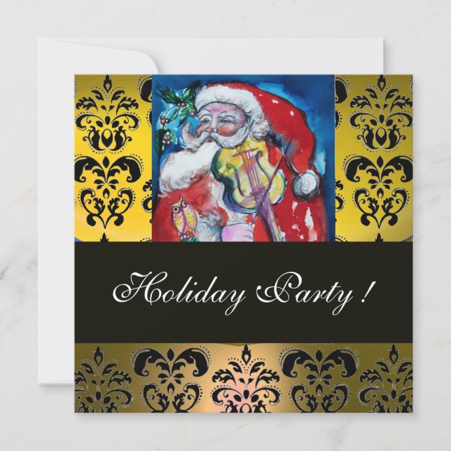 Invitation PÈRE NOËL & VIOLIN JAUNE BLACK DAMASK MONOGRAM Rub (Devant)