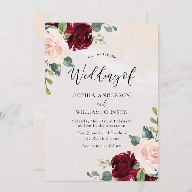 Invitation Perfection Blush : Mariage floral en marbre aquare (Devant / Derrière)