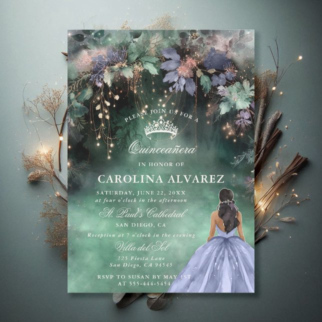 Invitation Périverseau forestier enchanté Quinceanera bleu ch (enchanted forest quinceanera invitation watercolor princess dress periwinkle emerald green)