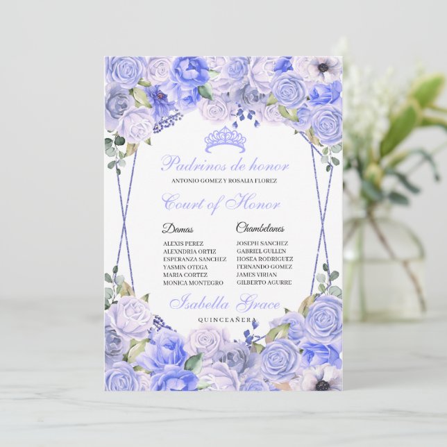 Invitation Periwinkle Blue Floral Quinceanera Cour d'honneur (Debout devant)