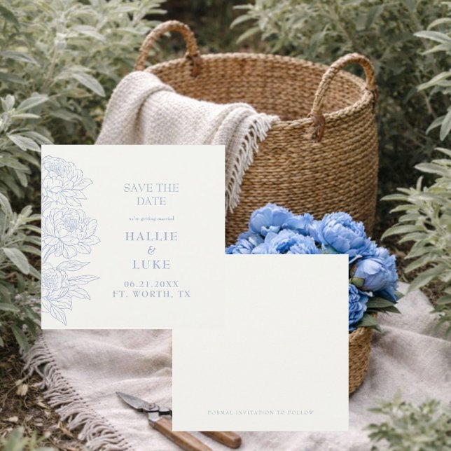 Invitation Periwinkle Blue Peony Wedding Square Save Date (Créateur téléchargé)