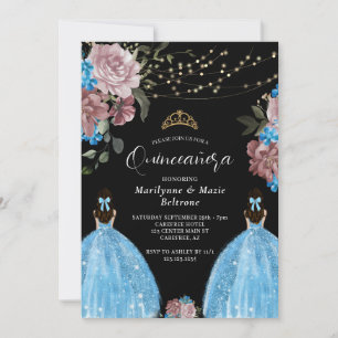 Invitation Périwinkle Blue Princess Floral Twins Quinceañera