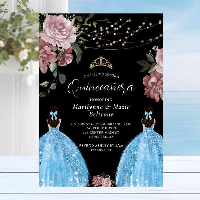 Invitation Périwinkle Blue Princess Floral Twins Quinceañera (Créateur téléchargé)