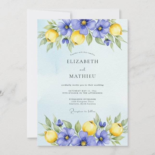 Invitation Periwinkle Blue Vibrant Citrus Wedding (Devant)