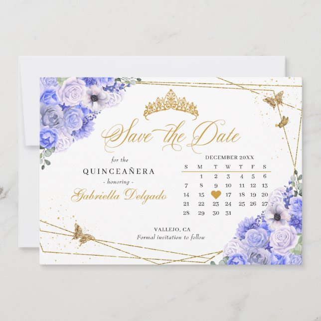 Invitation Periwinkle & Gold Quinceañera Enregistrer la date (Devant)