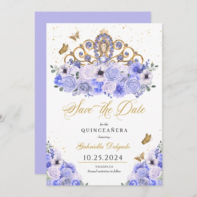 Invitation Periwinkle & Gold Tiara Enregistrer La Date Quince (Devant / Derrière)