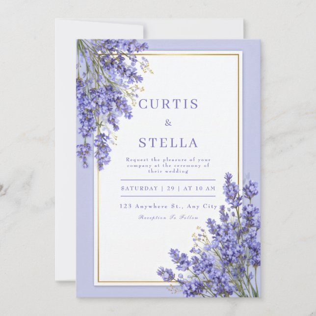 Invitation Periwinkle Lavender Romantic Gold Frame Wedding (Devant)