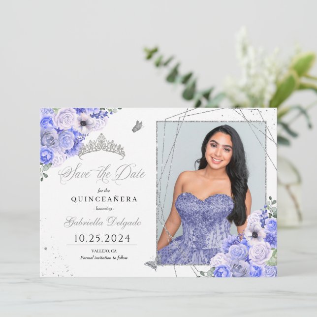 Invitation Periwinkle Silver Quinceañera Enregistrer la date  (Debout devant)