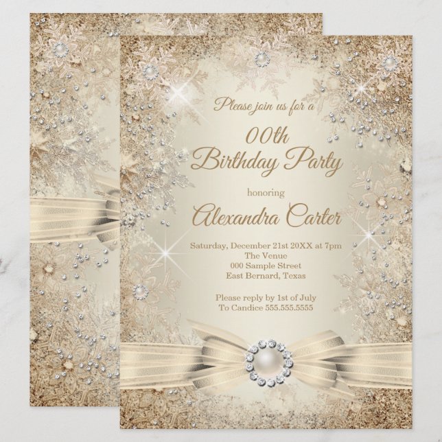 Invitation Perle Arc Crème Beige Or Flocon de Neige Anniversa (Devant / Derrière)
