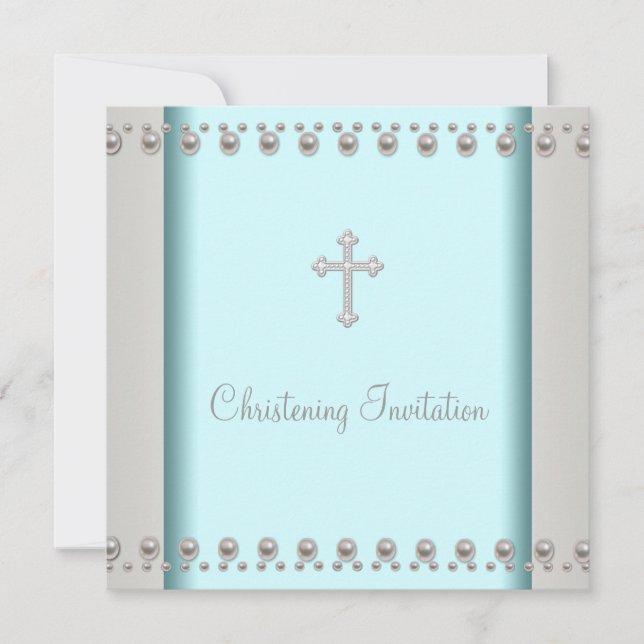 Invitation Perle Bleu Turquoise Croix Bébé Baptême Christenin (Devant)