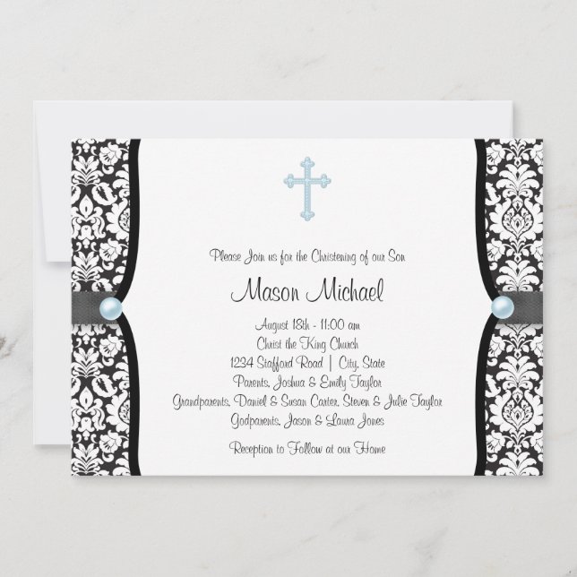 Invitation Perle Bleue Croix Bleu Damassé Noir Baptême (Devant)
