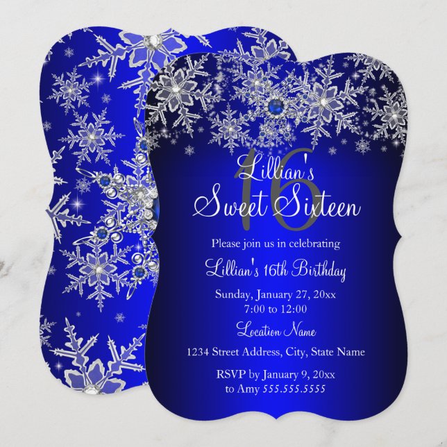 Invitation Perle Bleue Flocon de Neige Argenté Sweet 16 (Devant / Derrière)