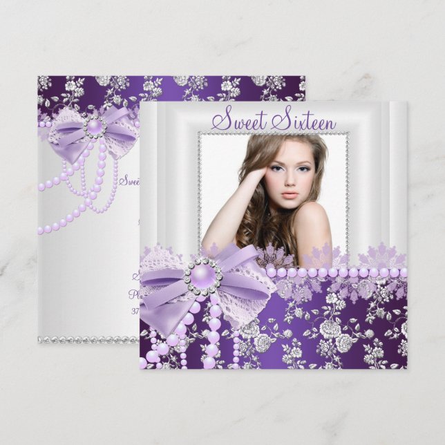 Invitation Perle Bow & Dentelle Violet Photo Sweet 16 (Devant / Derrière)