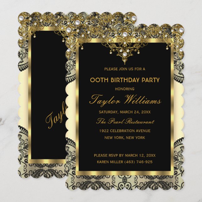 Invitation Perle Crème Dorée à Dentelle Glamour Fête d'Annive (Devant / Derrière)