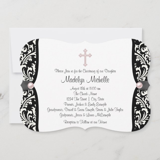 Invitation Perle croix rose noir damas baptême (Devant)