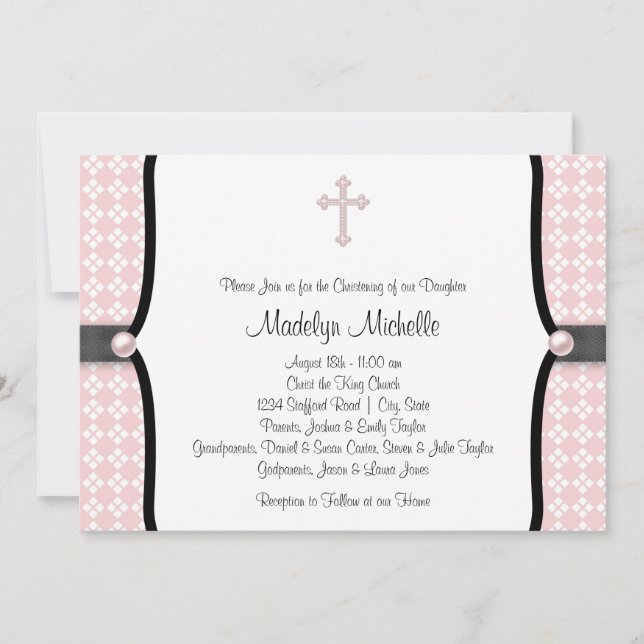 Invitation Perle croix rose noir damas baptême (Devant)