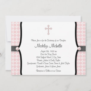Invitation Perle croix rose noir damas baptême