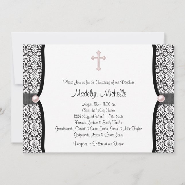 Invitation Perle croix rose noir damas baptême (Devant)