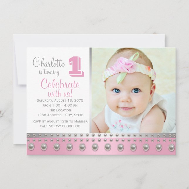 Invitation Perle d'argent rose premier anniversaire (Devant)