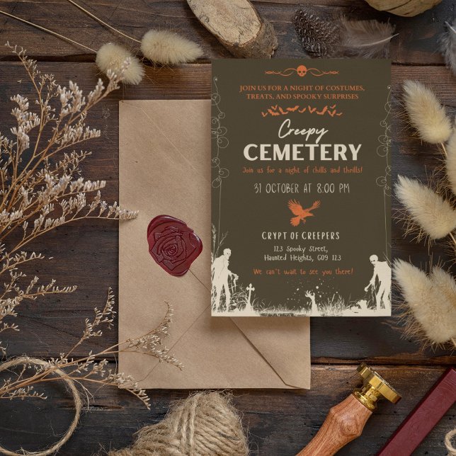 Invitation Perle de cimetière déplaisant à l'accent orange ca (Creepy Cemetery Pearl with Carrot Orange Accent Invitation Cover from The Beekeeper Store)