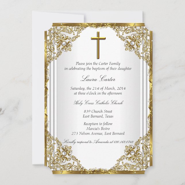 Invitation Perle de Damassé Croix de Baptême en Or Blanc (Devant)