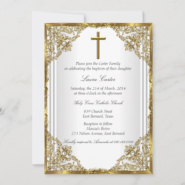 Invitation Perle de Damassé de Croix de Baptême en Or Blanc (Devant)
