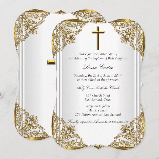 Invitation Perle de Damassé de Croix de Baptême en Or Blanc (Devant / Derrière)