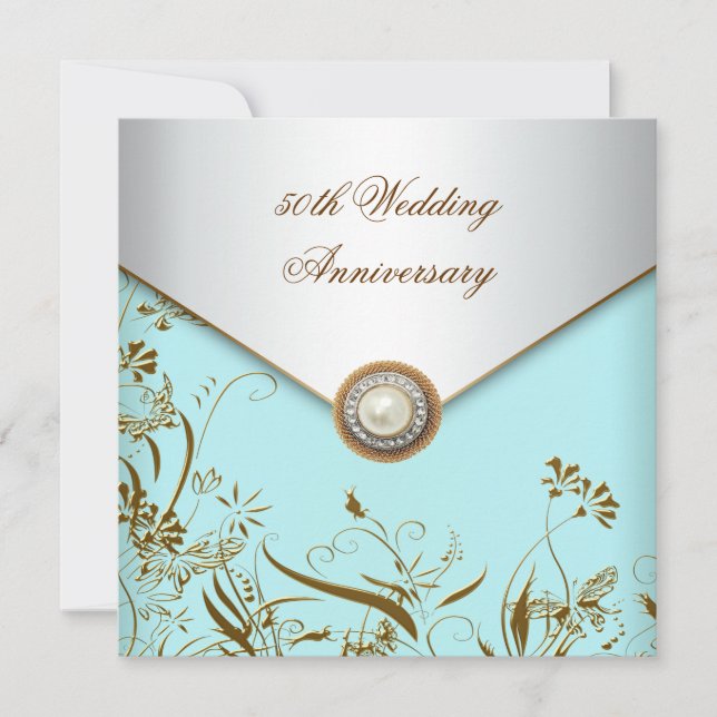 Invitation Perle de Fleur d'Or Sarcelle 50e Anniversaire de M (Devant)