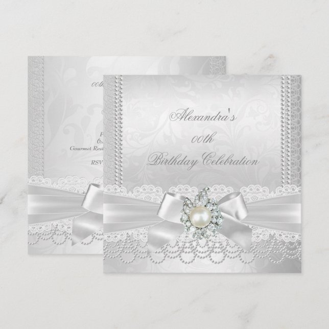 Invitation Perle Dentelle Damassé Diamant Argent Blanc Nœud P (Devant / Derrière)