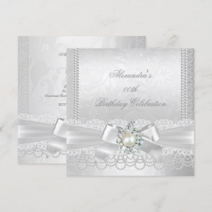 Invitation Perle Dentelle Damassé Diamant Argent Blanc Nœud P