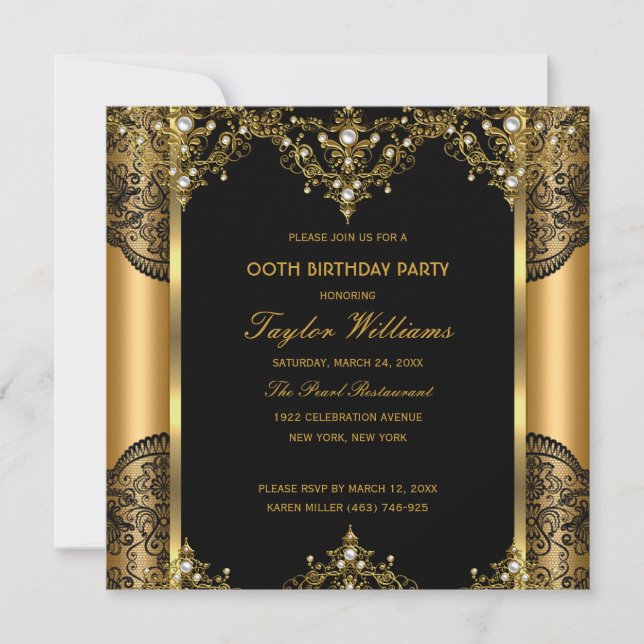 Invitation Perle Dentelle Or Noir Glamour Fête d'anniversaire (Devant)