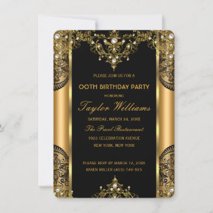 Invitation Perle Dentelle Or Noir Glamour Fête d'anniversaire