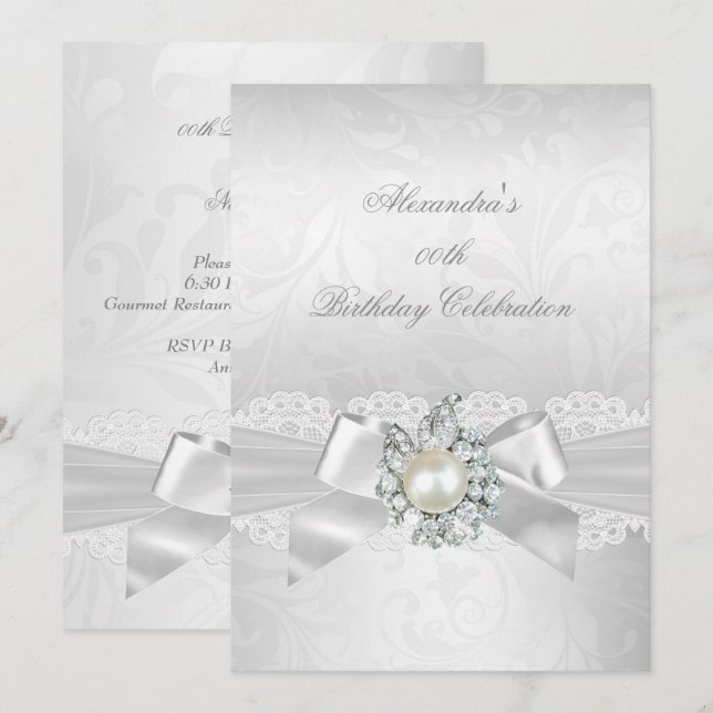 Invitation Perle Diamant Dentelle Blanc Nœud Damassé Argent F (Devant / Derrière)