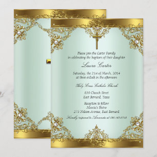 Invitation Perle dorée à la menthe Damassé Croix Baptême Chri