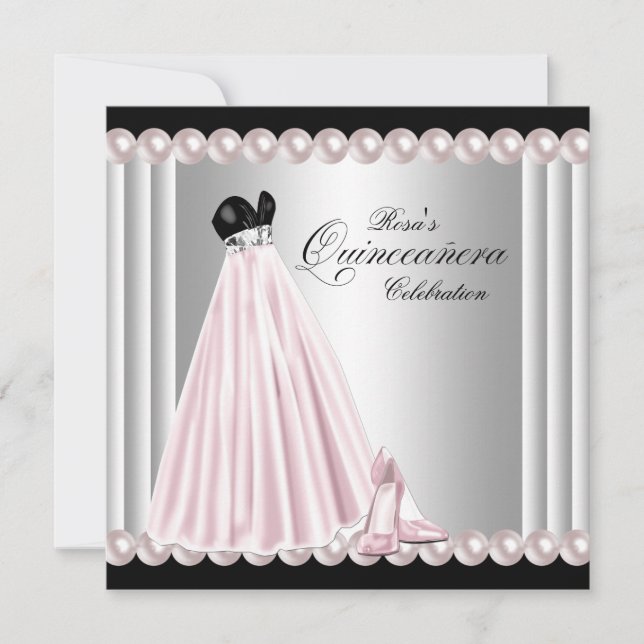 Invitation Perle Élégante Argent Rose Quinceanera (Devant)