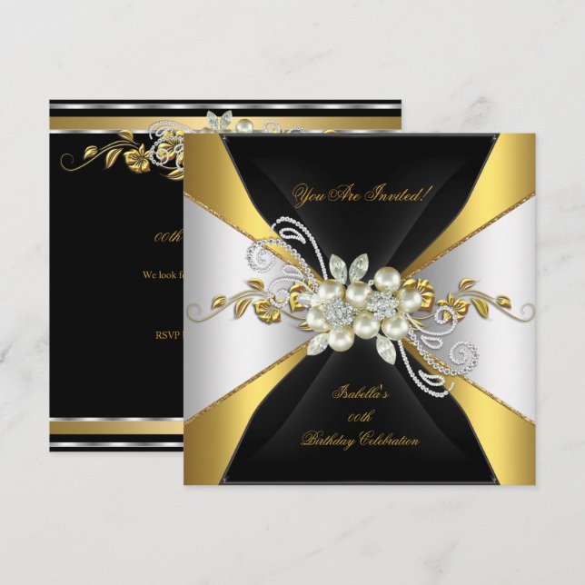 Invitation Perle Élégante Or Argent Diamant Fête d'Anniversai (Devant / Derrière)