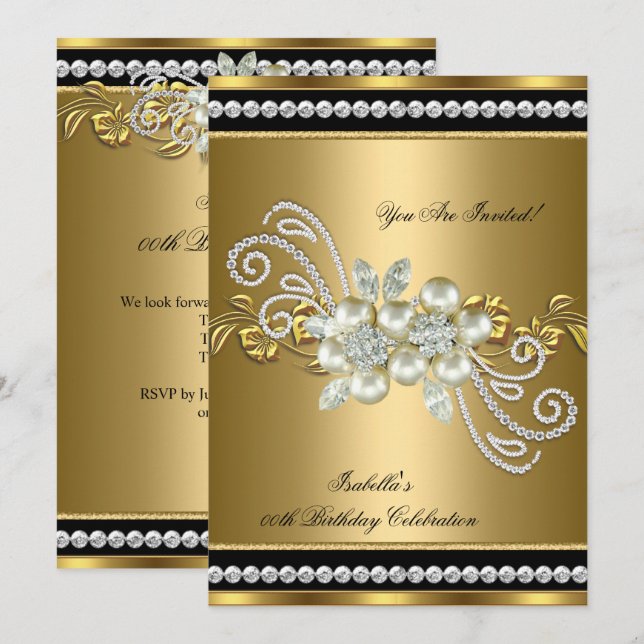 Invitation Perle Élégante Or Argent Diamant Fête d'anniversai (Devant / Derrière)