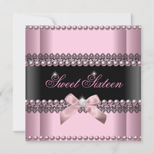 Invitation Perle en dentelle noire rose 16 Sweets sixteens (Devant)